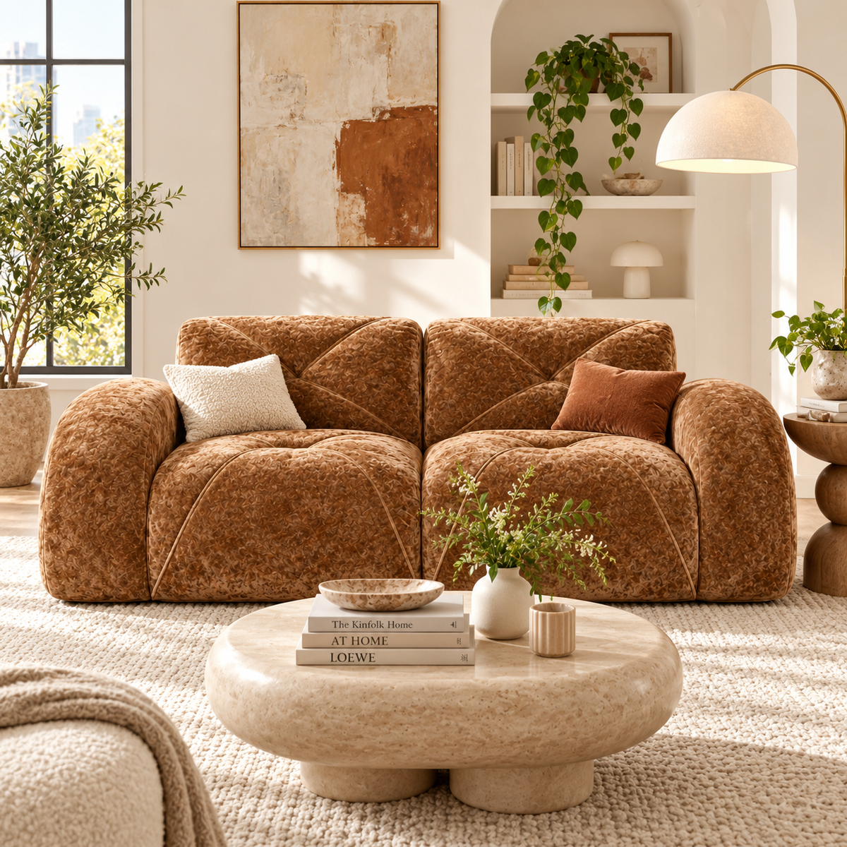 Aven 80" Oversized Frameless Velvet Modular Loveseat Sofa with Curved Armrests and Deep Seat