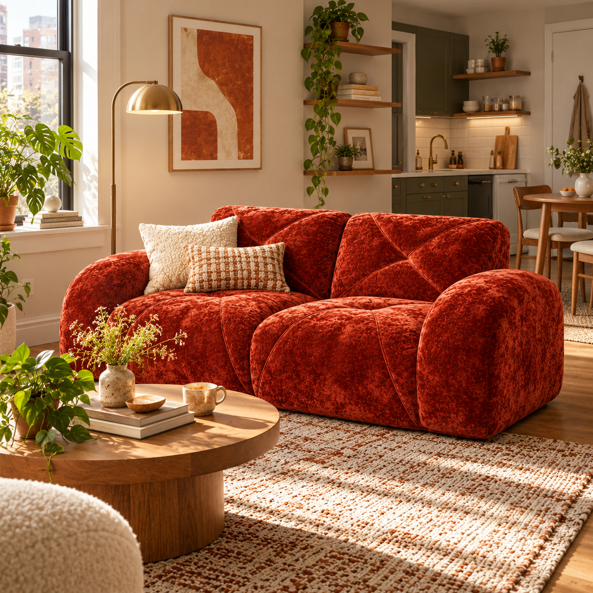 Aven 80" Oversized Frameless Velvet Modular Loveseat Sofa with Curved Armrests and Deep Seat
