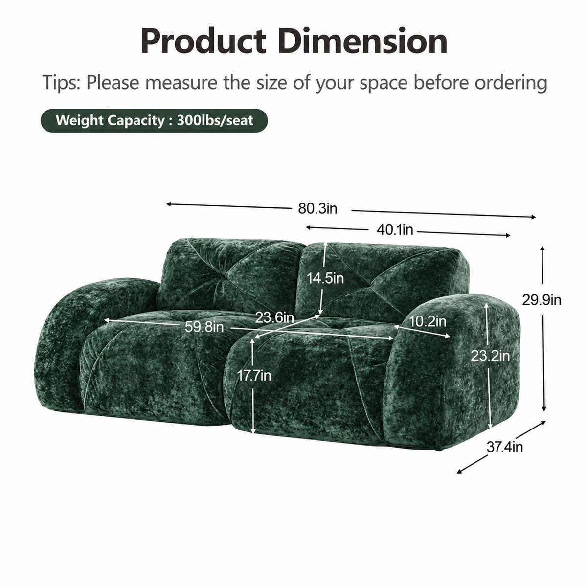 Aven 80" Oversized Frameless Velvet Modular Loveseat Sofa with Curved Armrests and Deep Seat