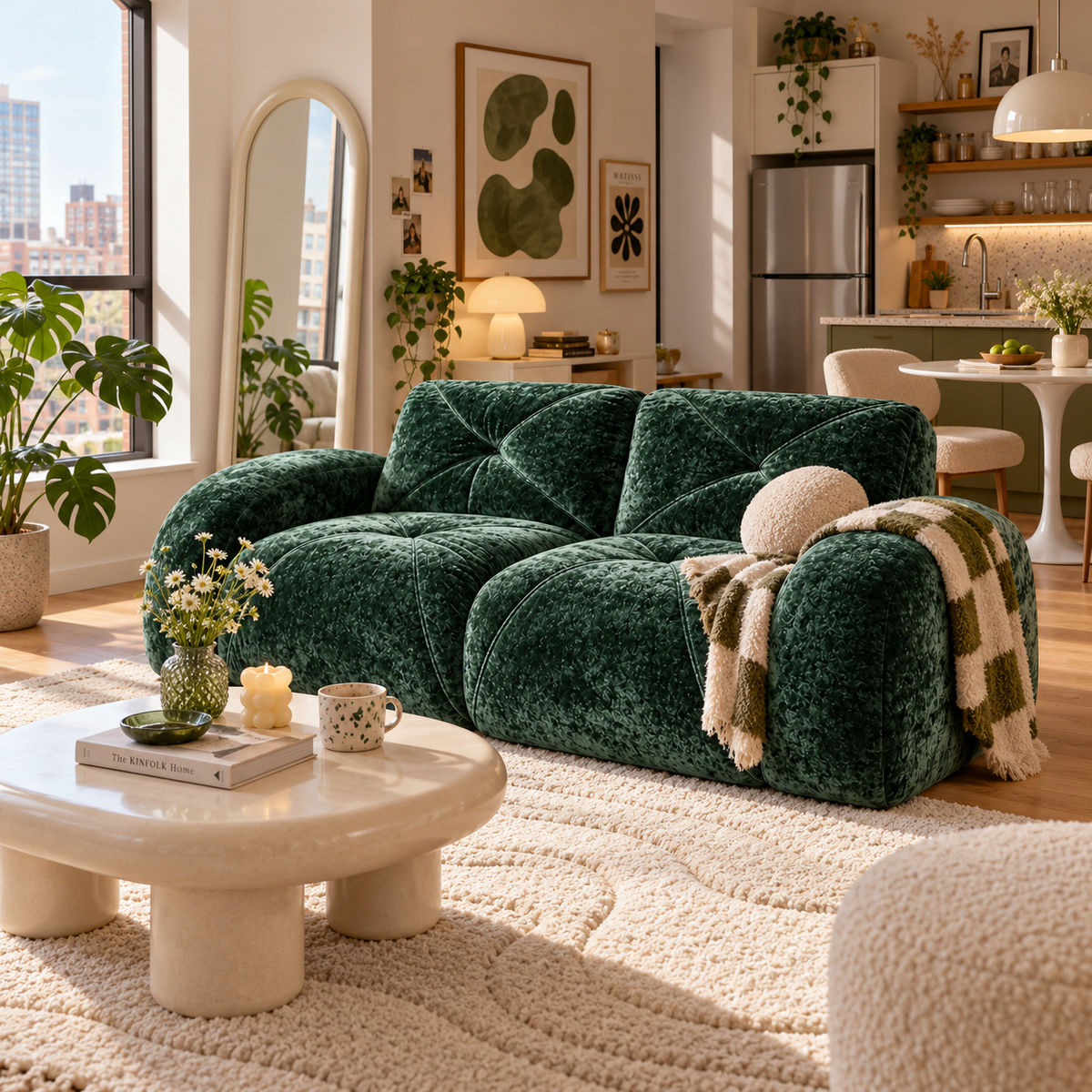 Aven 80" Oversized Frameless Velvet Modular Loveseat Sofa with Curved Armrests and Deep Seat
