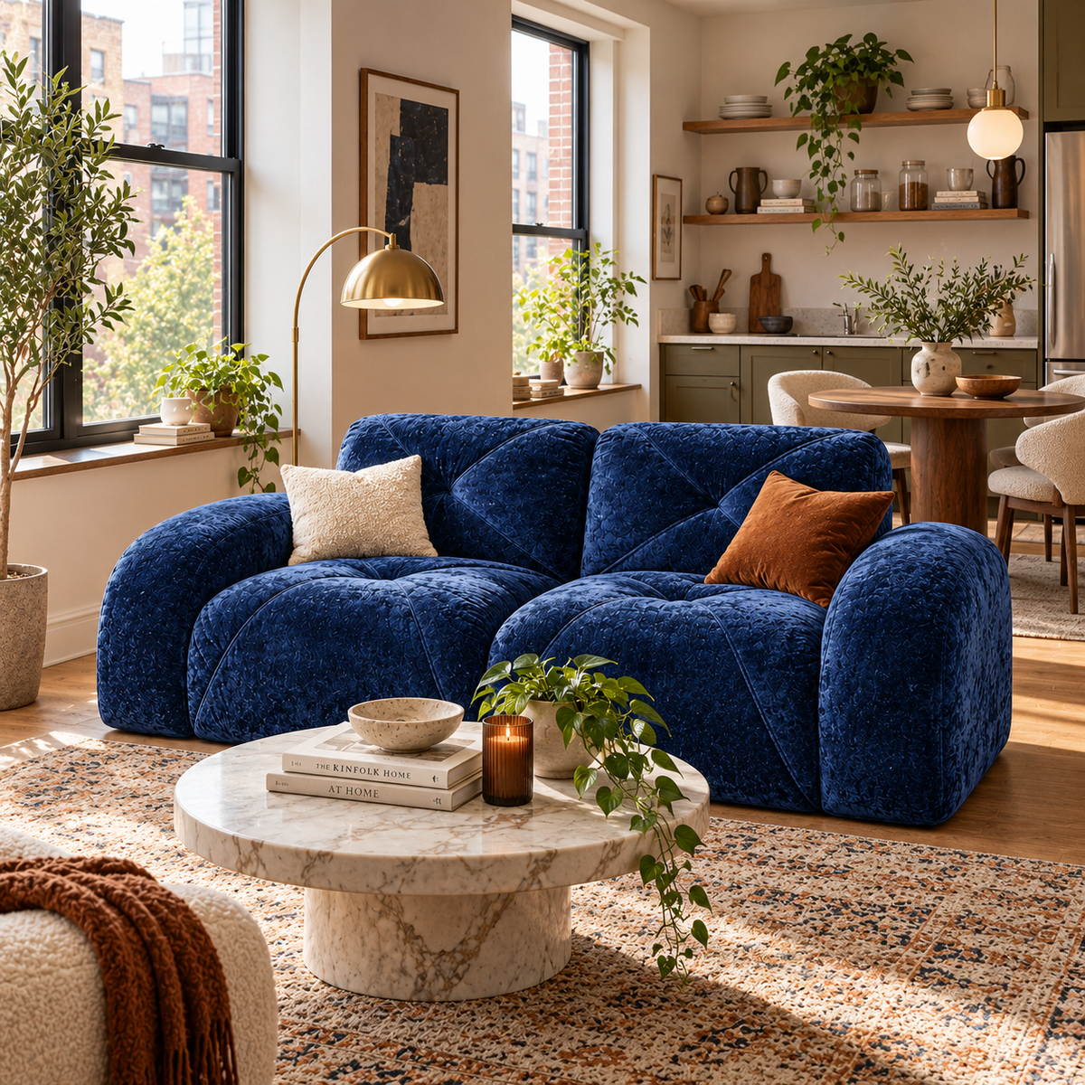Aven 80" Oversized Frameless Velvet Modular Loveseat Sofa with Curved Armrests and Deep Seat