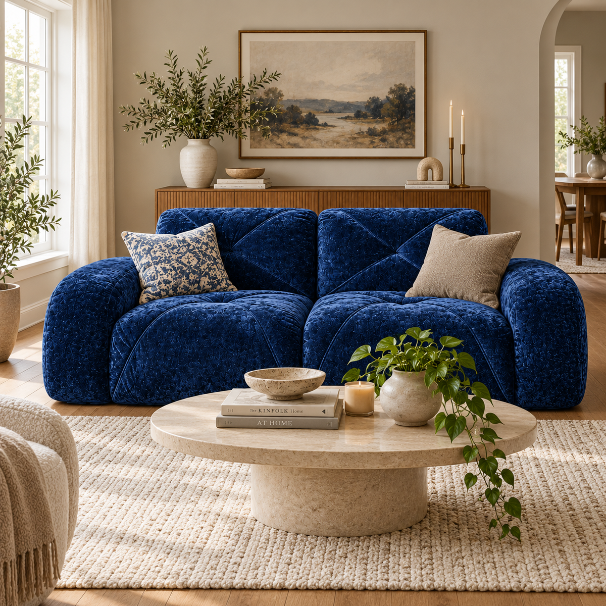 Aven 80" Oversized Frameless Velvet Modular Loveseat Sofa with Curved Armrests and Deep Seat