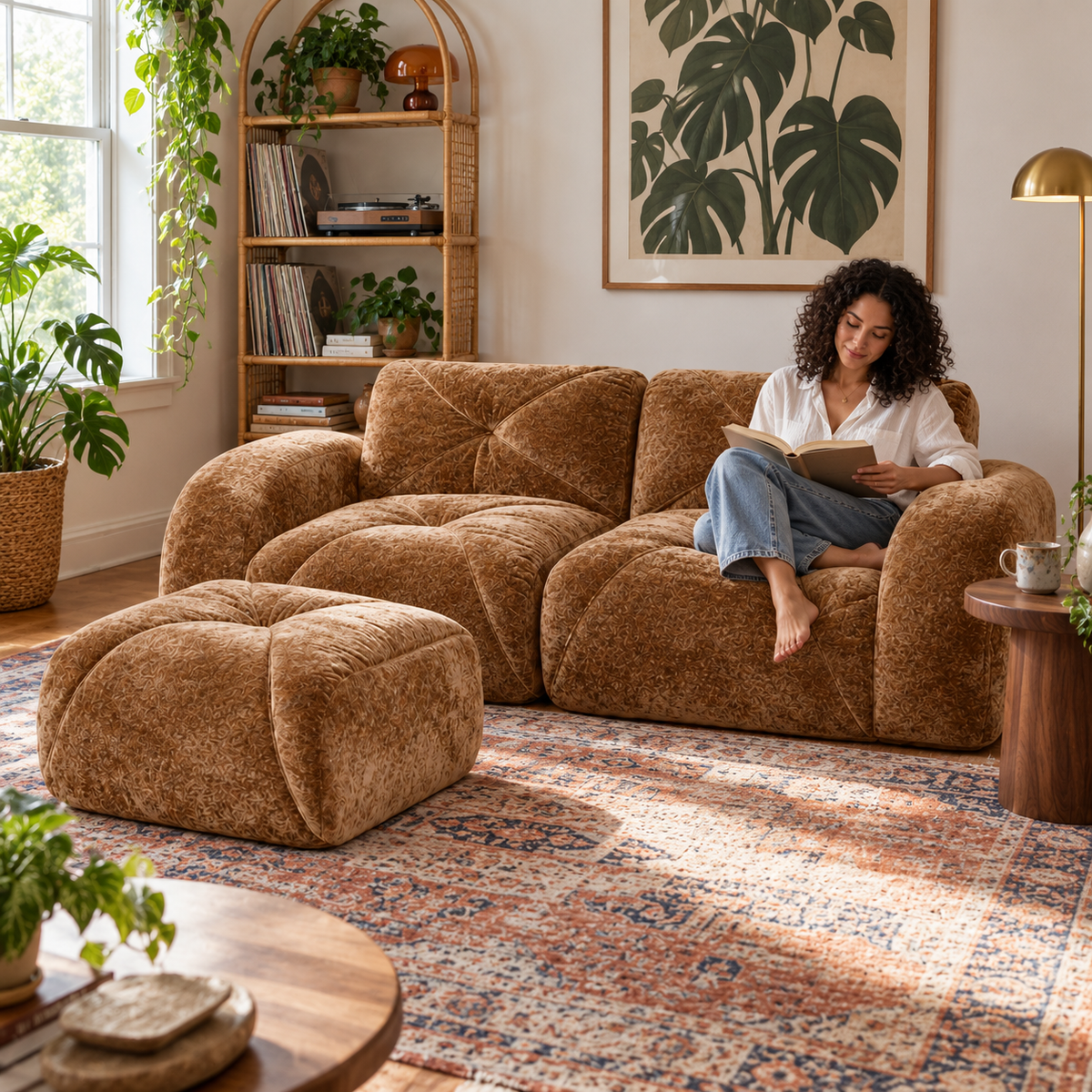 Aven 80" Frameless Velvet 3-Piece Modular L-Shaped Sectional Sofa with Movable Ottoman