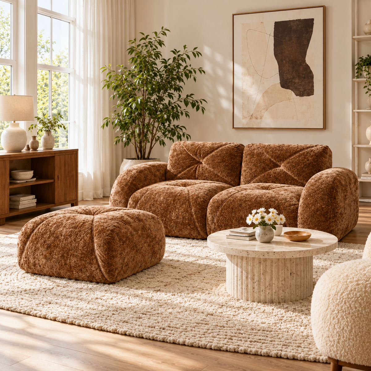 Aven 80" Frameless Velvet 3-Piece Modular L-Shaped Sectional Sofa with Movable Ottoman