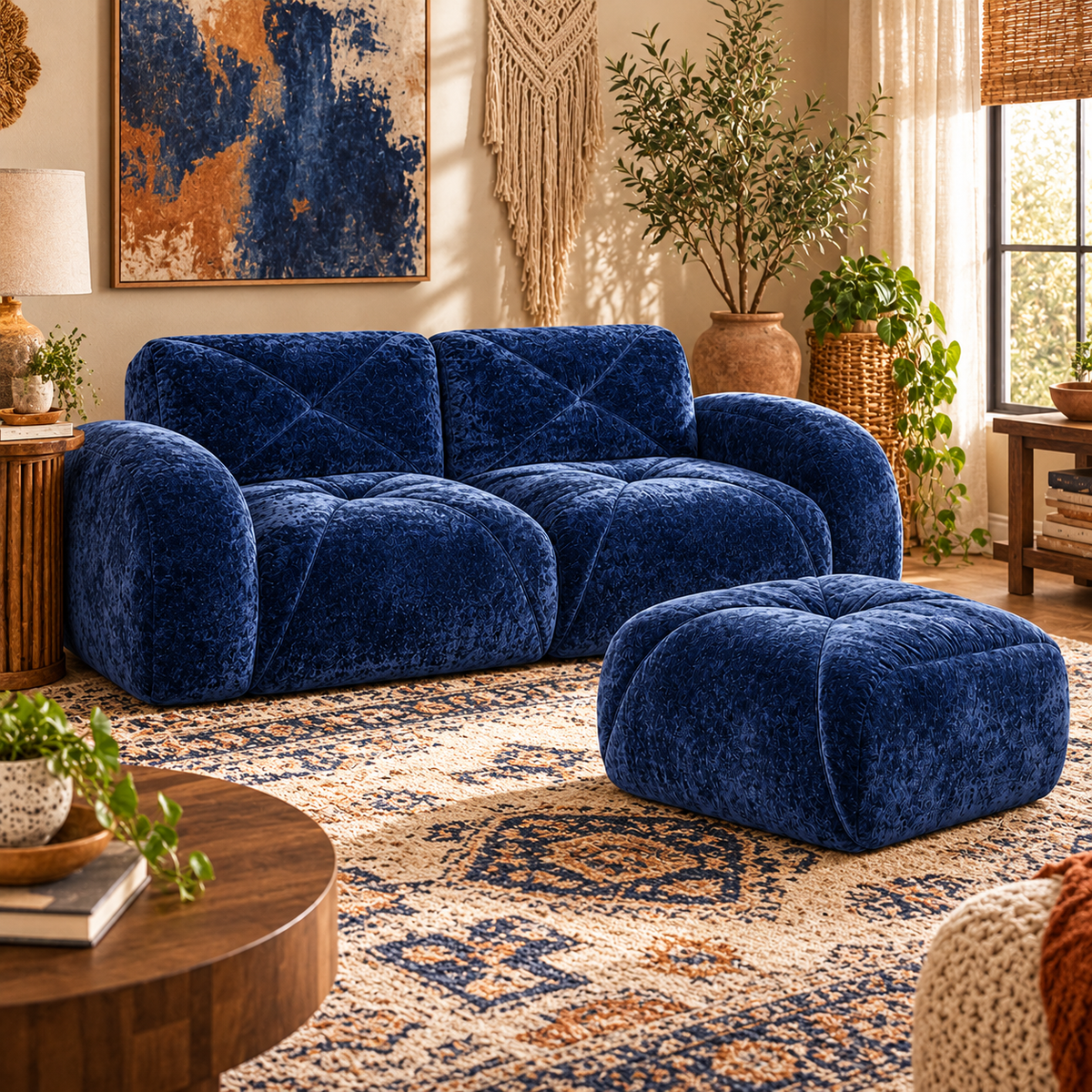 Aven 80" Frameless Velvet 3-Piece Modular L-Shaped Sectional Sofa with Movable Ottoman