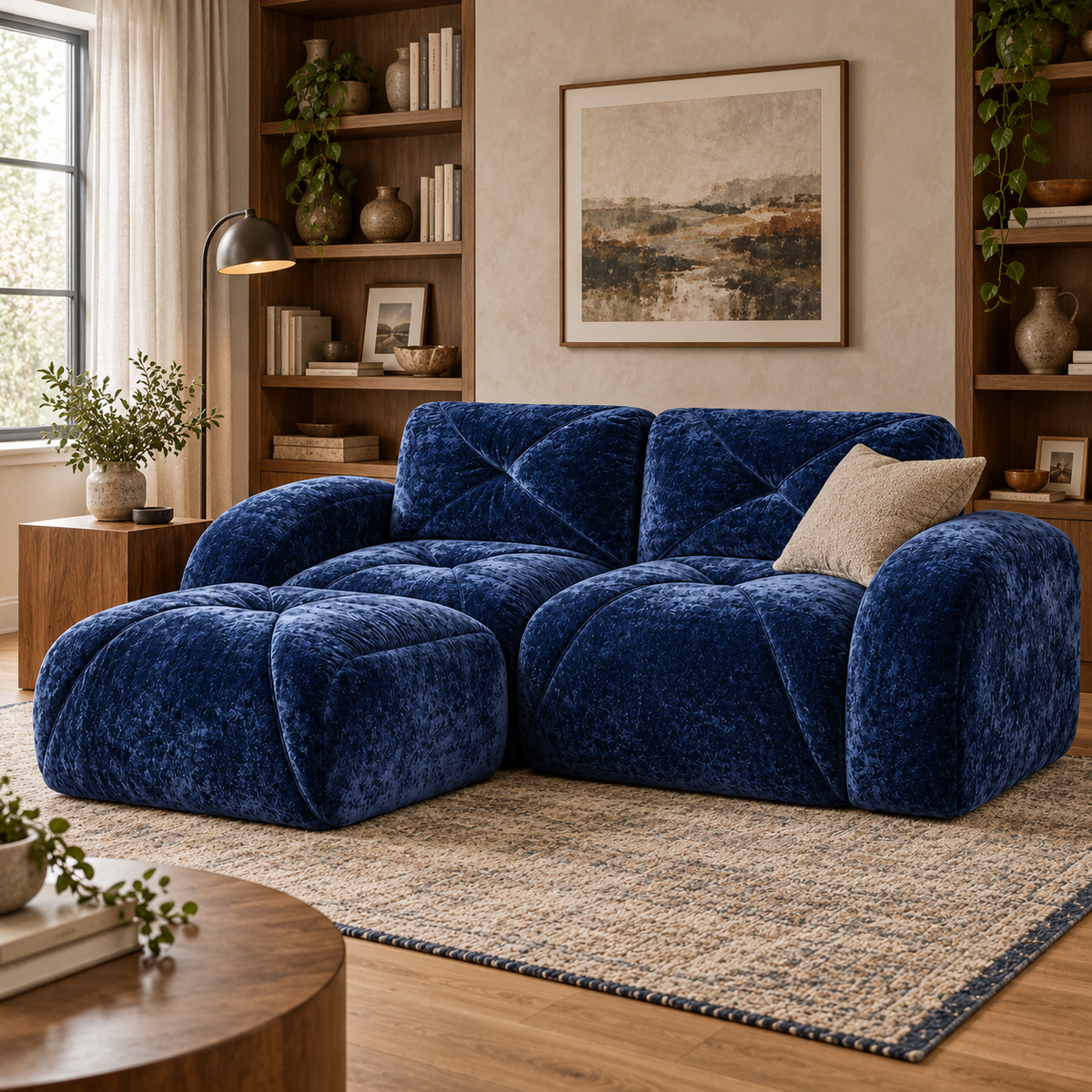 Aven 80" Frameless Velvet 3-Piece Modular L-Shaped Sectional Sofa with Movable Ottoman