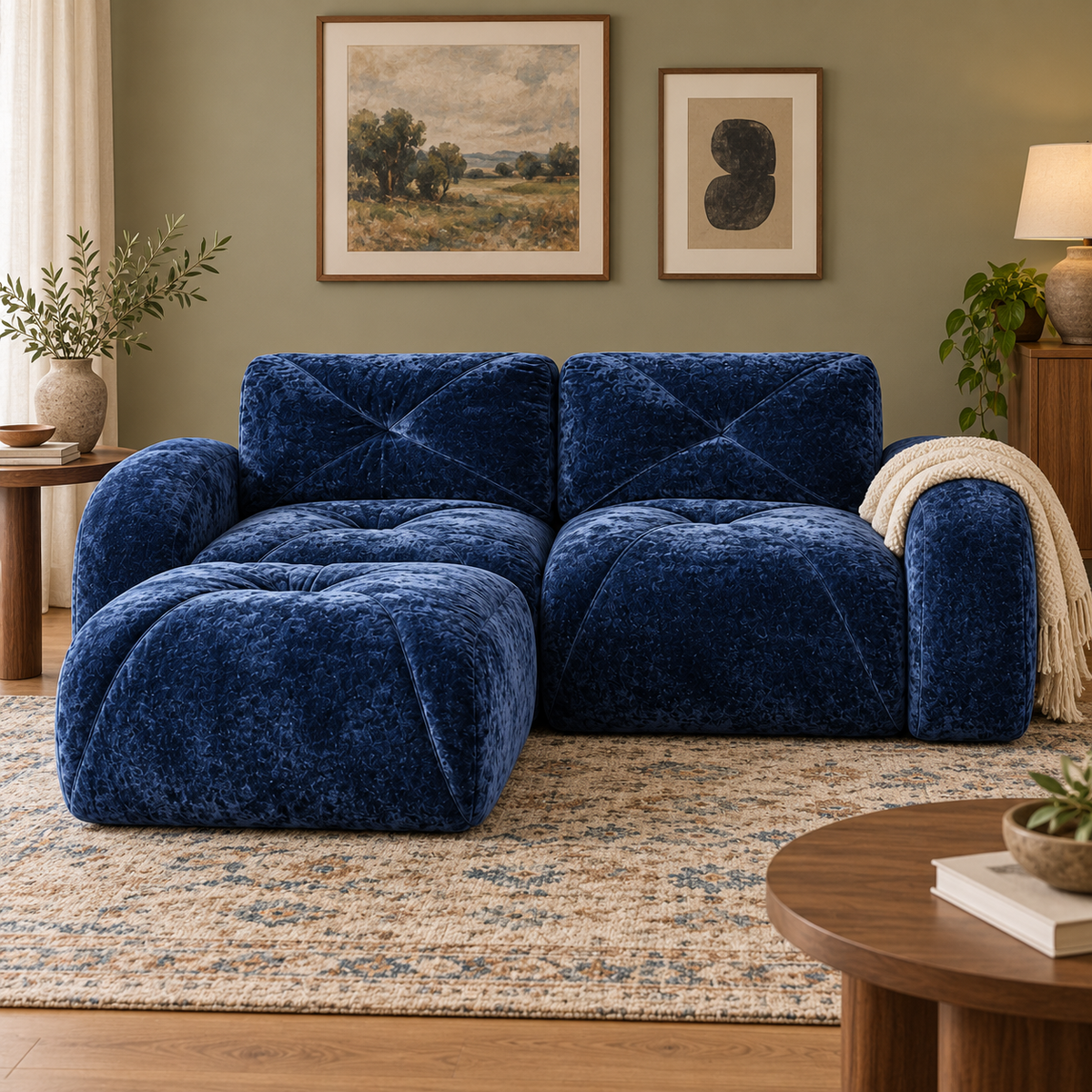 Aven 80" Frameless Velvet 3-Piece Modular L-Shaped Sectional Sofa with Movable Ottoman