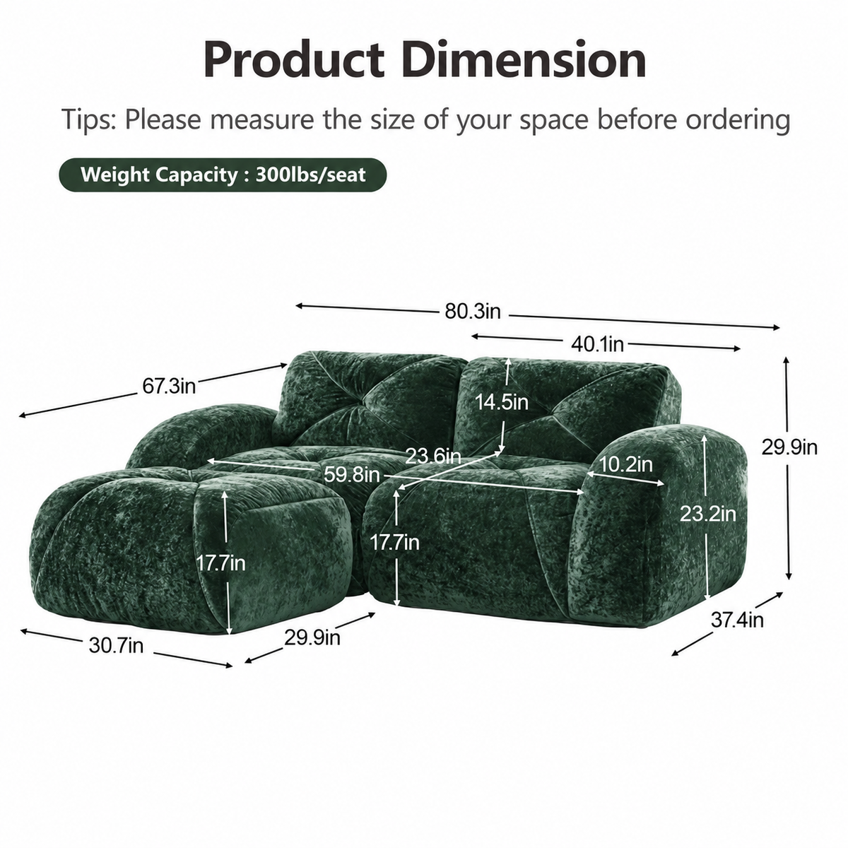 Aven 80" Frameless Velvet 3-Piece Modular L-Shaped Sectional Sofa with Movable Ottoman
