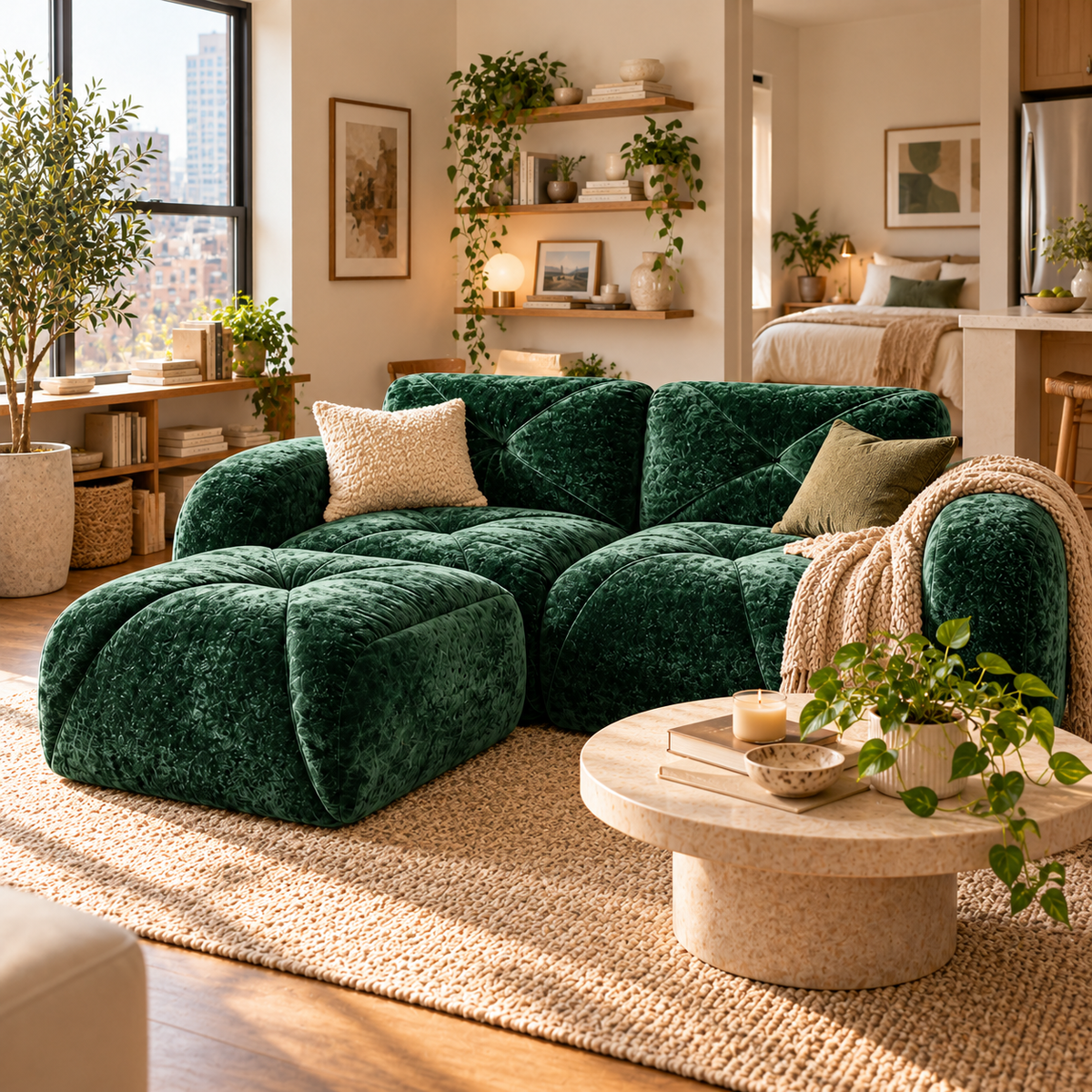 Aven 80" Frameless Velvet 3-Piece Modular L-Shaped Sectional Sofa with Movable Ottoman