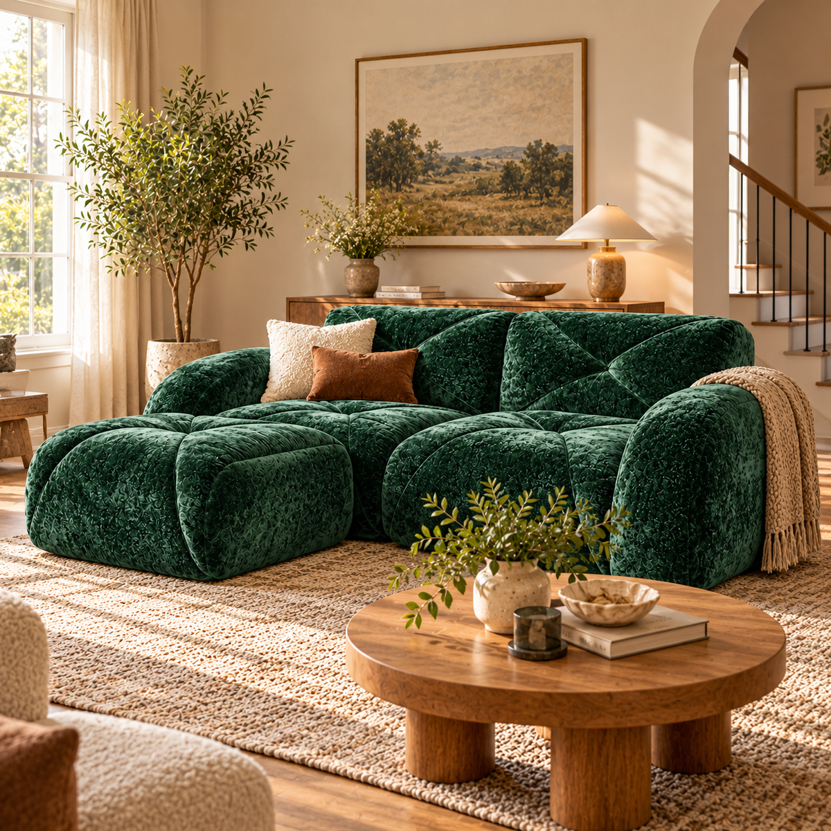 Aven 80" Frameless Velvet 3-Piece Modular L-Shaped Sectional Sofa with Movable Ottoman