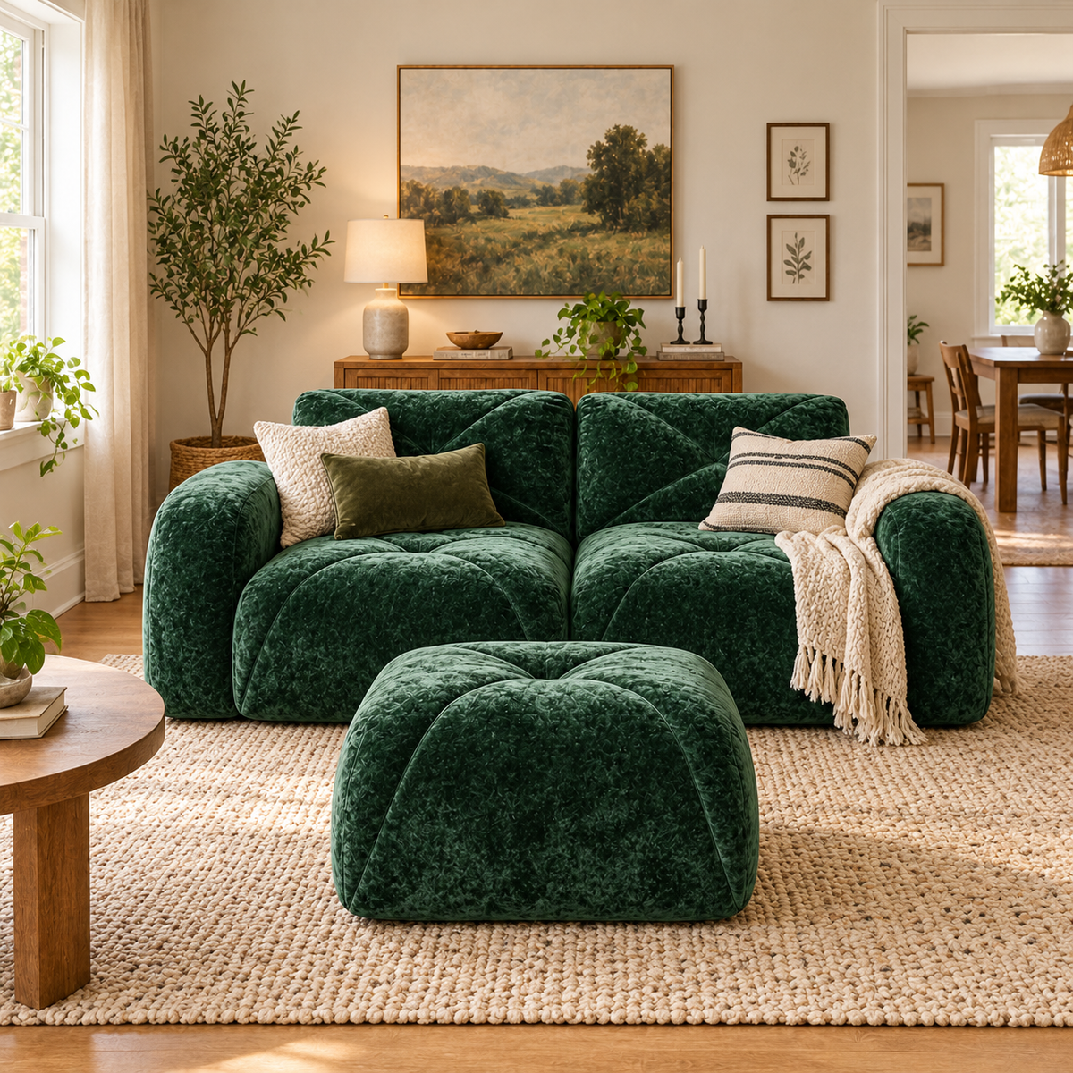 Aven 80" Frameless Velvet 3-Piece Modular L-Shaped Sectional Sofa with Movable Ottoman