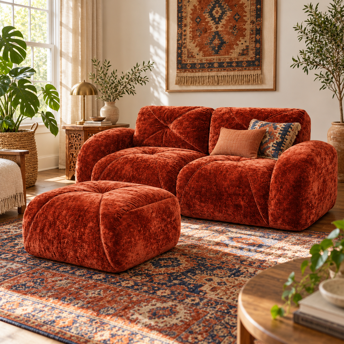 Aven 80" Frameless Velvet 3-Piece Modular L-Shaped Sectional Sofa with Movable Ottoman
