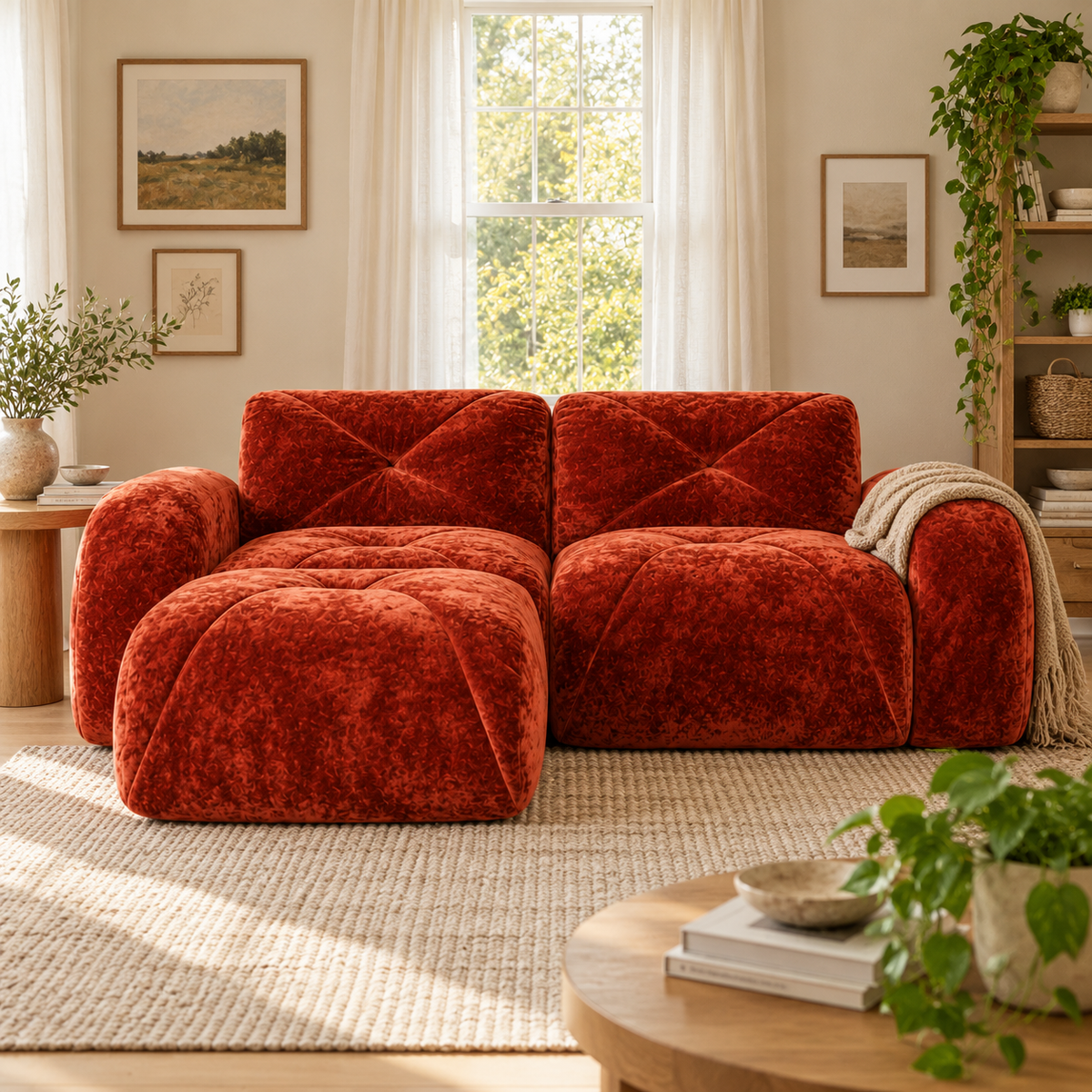 Aven 80" Frameless Velvet 3-Piece Modular L-Shaped Sectional Sofa with Movable Ottoman
