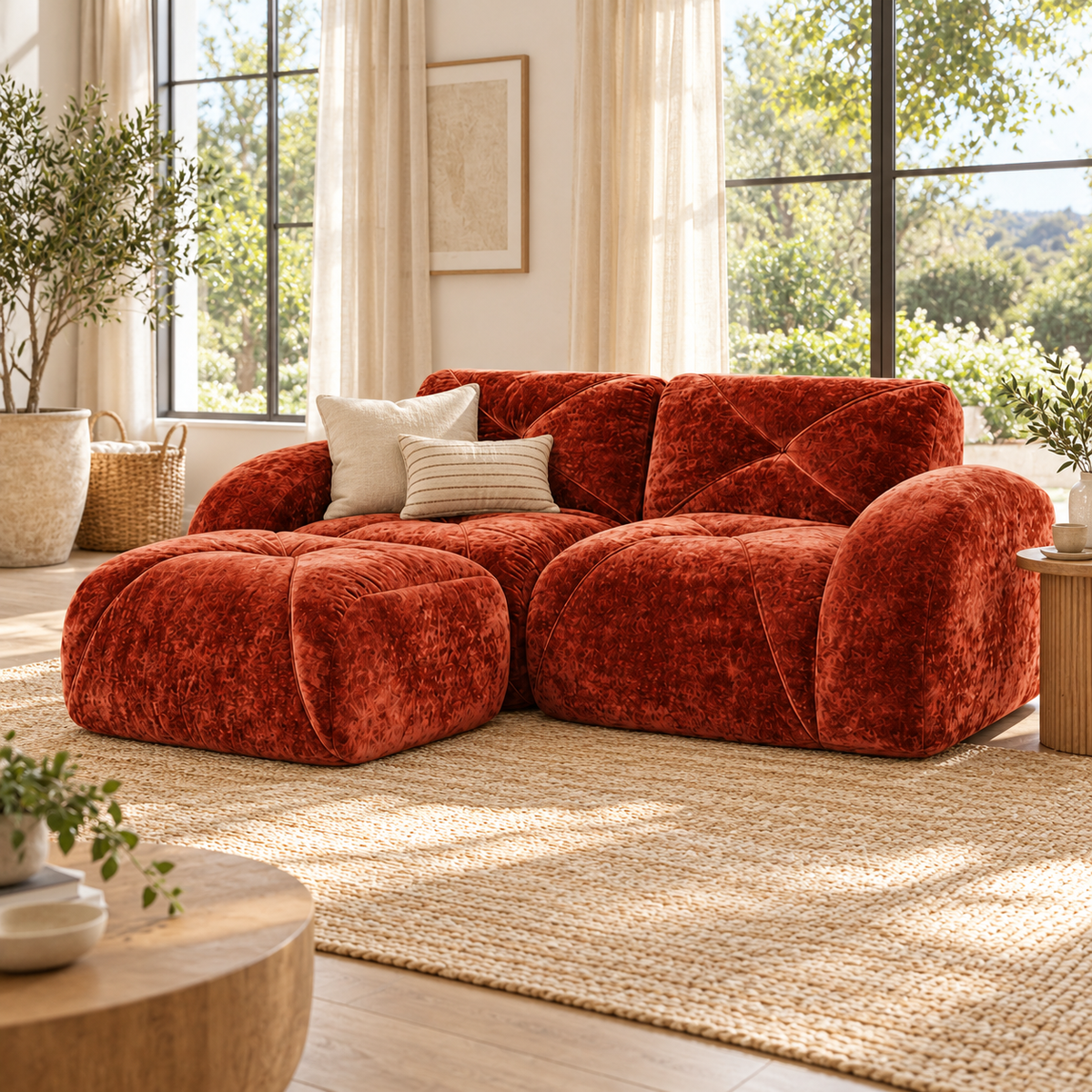 Aven 80" Frameless Velvet 3-Piece Modular L-Shaped Sectional Sofa with Movable Ottoman