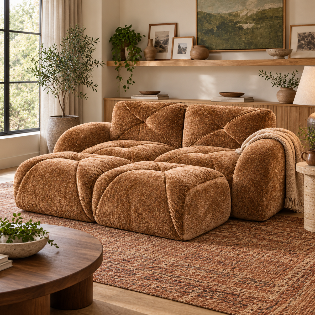 Aven 80" Frameless Velvet 4-Piece Modular Sofa with 2 Ottomans and Double Chaise
