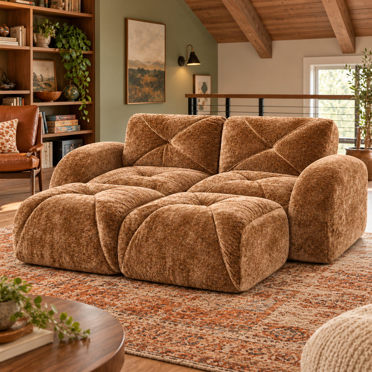 Aven 80" Frameless Velvet 4-Piece Modular Sofa with 2 Ottomans and Double Chaise