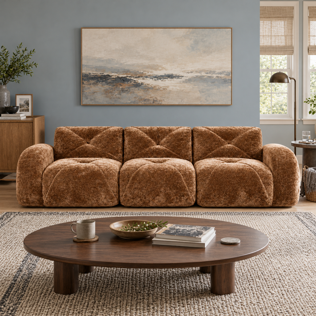 Aven 110" Extra-Long Frameless Velvet Modular 3-Seater Sofa with Curved Armrests