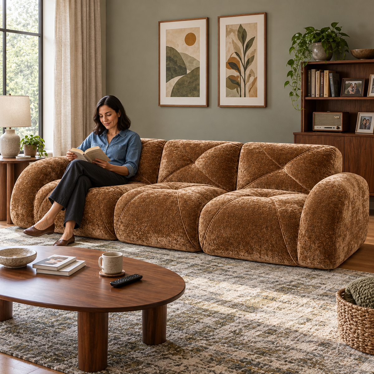 Aven 110" Extra-Long Frameless Velvet Modular 3-Seater Sofa with Curved Armrests