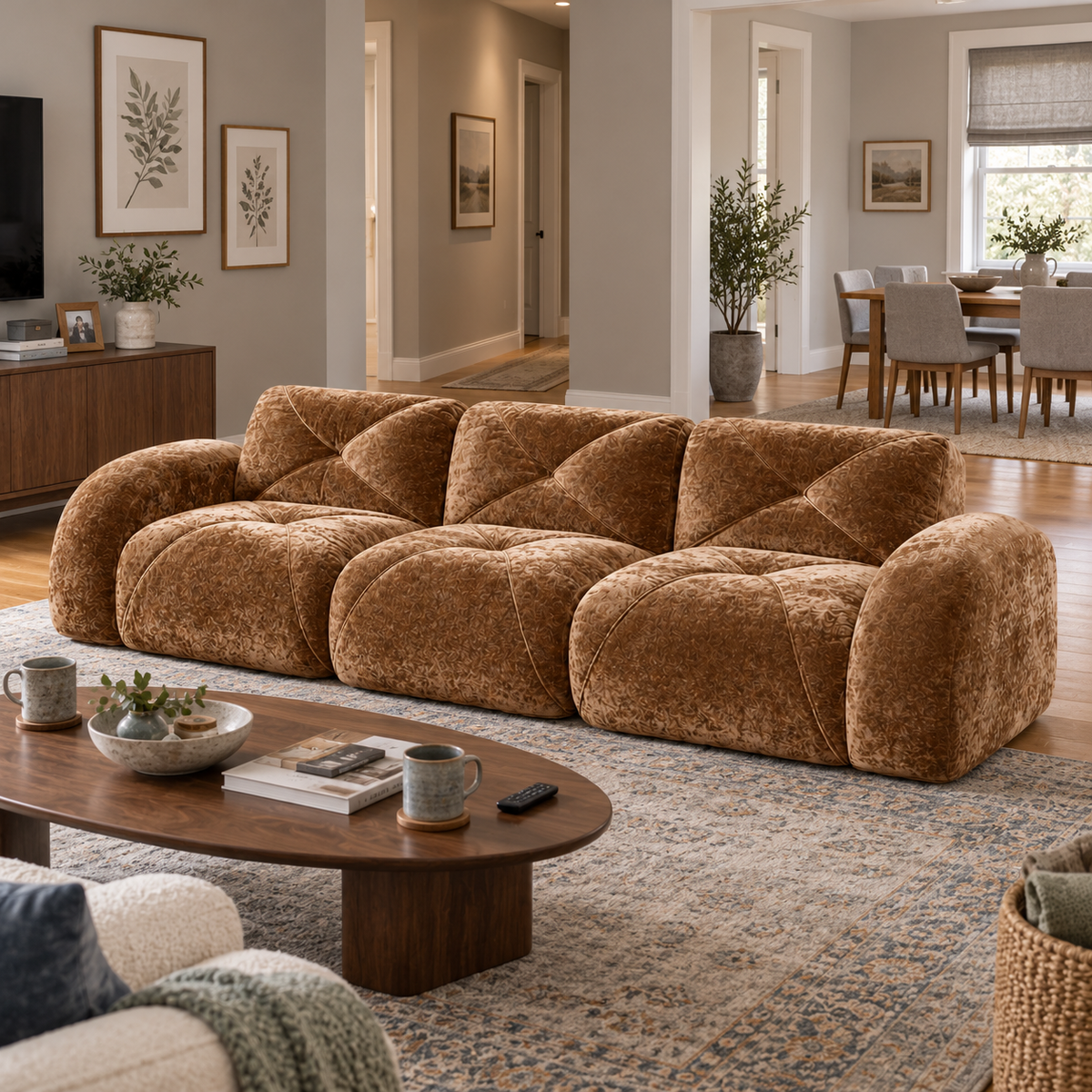 Aven 110" Extra-Long Frameless Velvet Modular 3-Seater Sofa with Curved Armrests