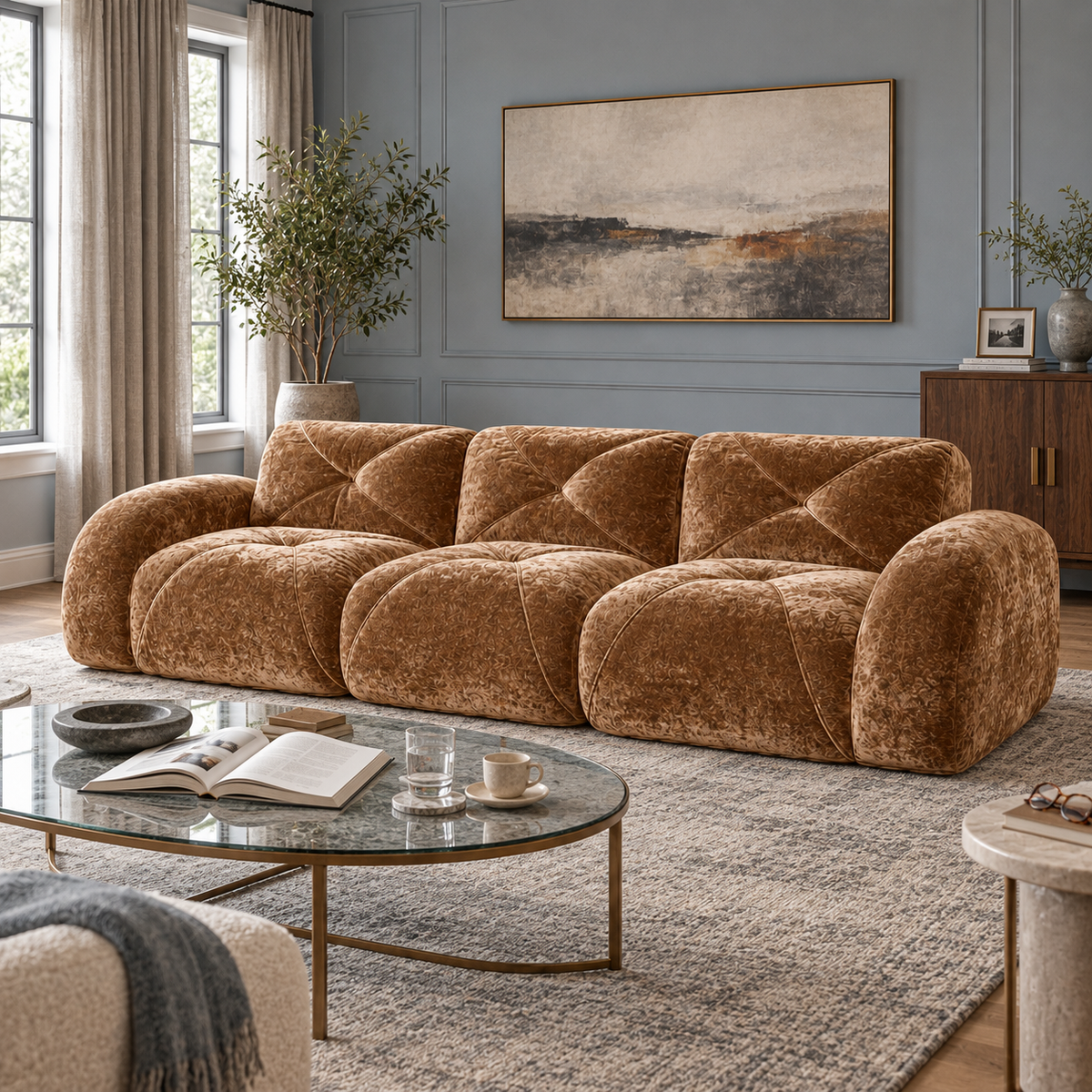 Aven 110" Extra-Long Frameless Velvet Modular 3-Seater Sofa with Curved Armrests