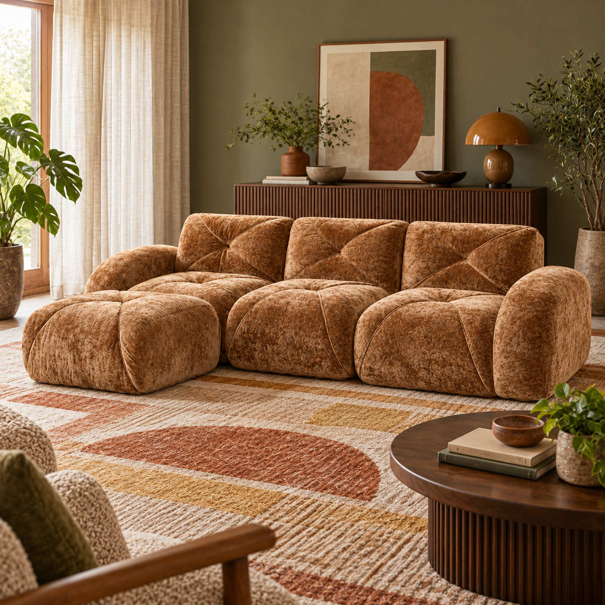 Aven 111" Frameless Velvet Modular L-Shaped Sectional Sofa with Movable Ottoman