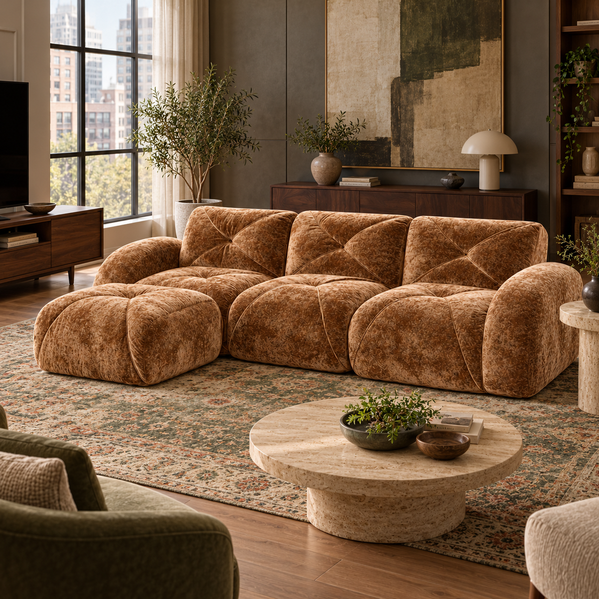 Aven 111" Frameless Velvet Modular L-Shaped Sectional Sofa with Movable Ottoman