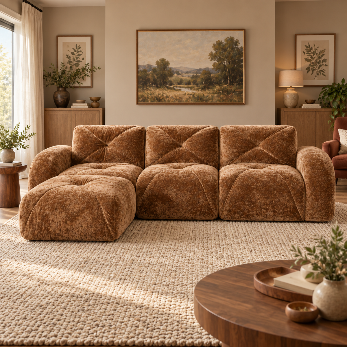 Aven 111" Frameless Velvet Modular L-Shaped Sectional Sofa with Movable Ottoman