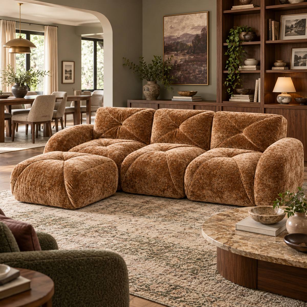 Aven 111" Frameless Velvet Modular L-Shaped Sectional Sofa with Movable Ottoman