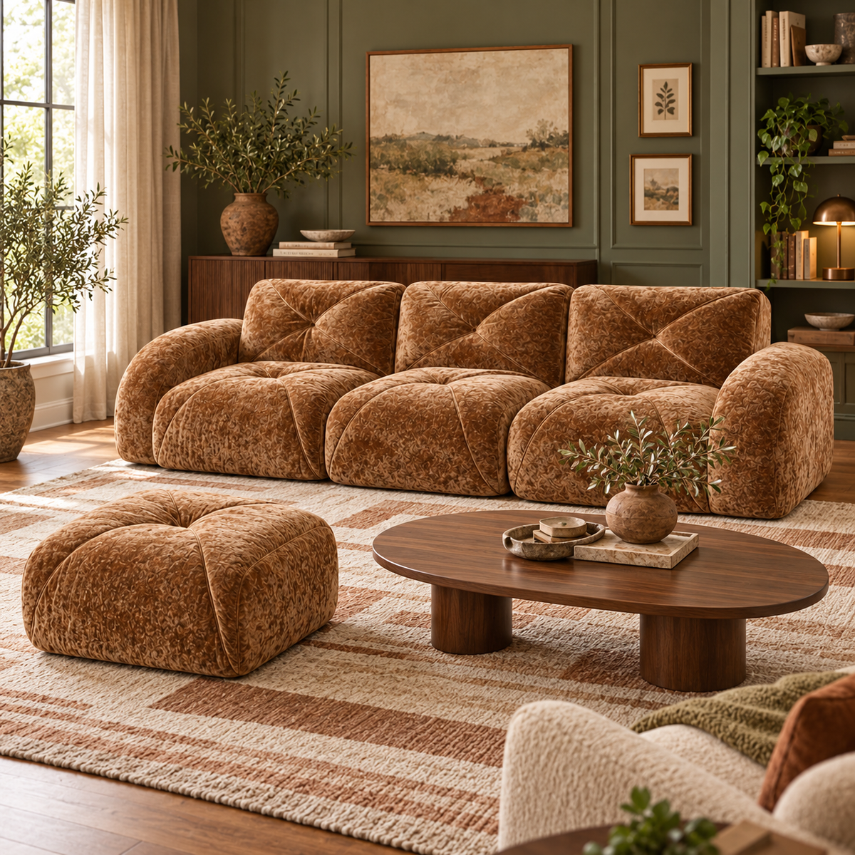 Aven 111" Frameless Velvet Modular L-Shaped Sectional Sofa with Movable Ottoman