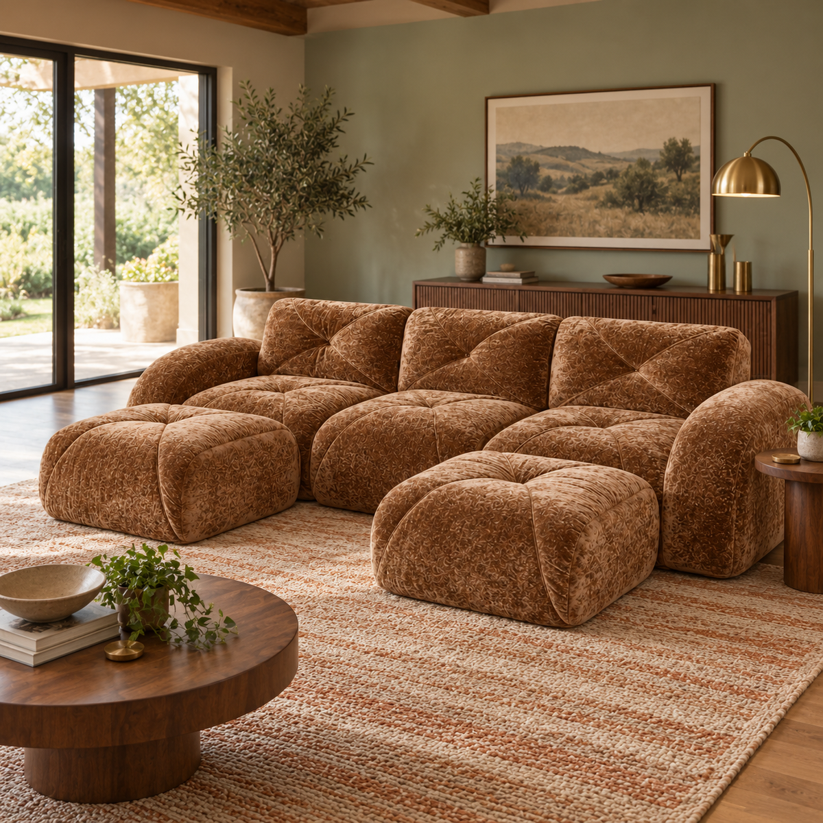 Aven 111" Frameless Velvet Modular U-Shaped Sectional Sofa with Ottomans and Curved Armrests