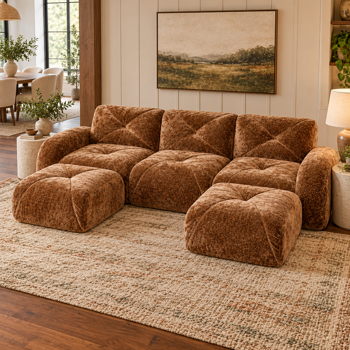 Aven 111" Frameless Velvet Modular U-Shaped Sectional Sofa with Ottomans and Curved Armrests
