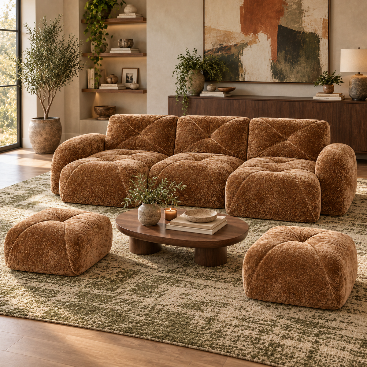 Aven 111" Frameless Velvet Modular U-Shaped Sectional Sofa with Ottomans and Curved Armrests