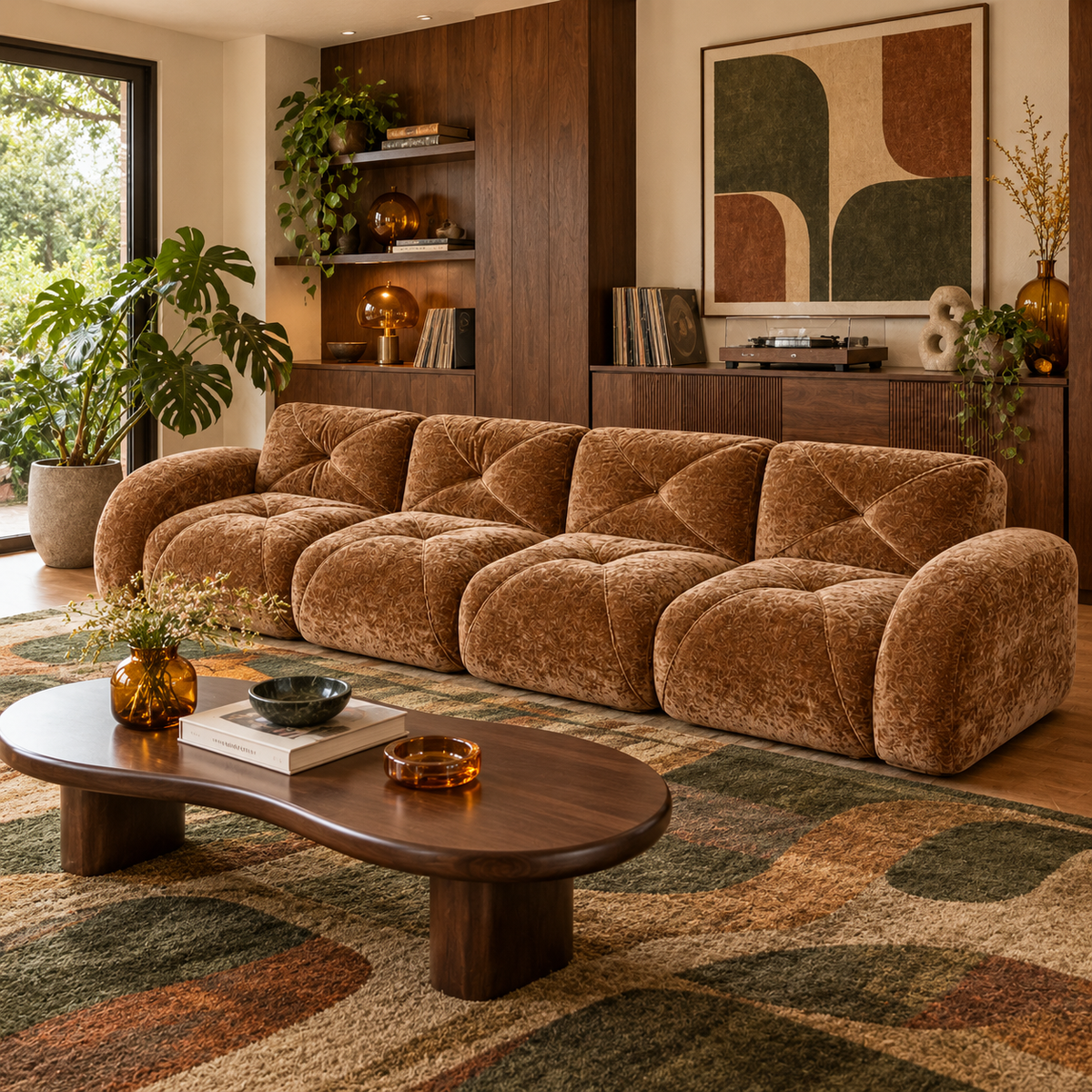 Aven 141" Large Frameless Velvet Modular 4-Seater Sofa with Curved Armrests