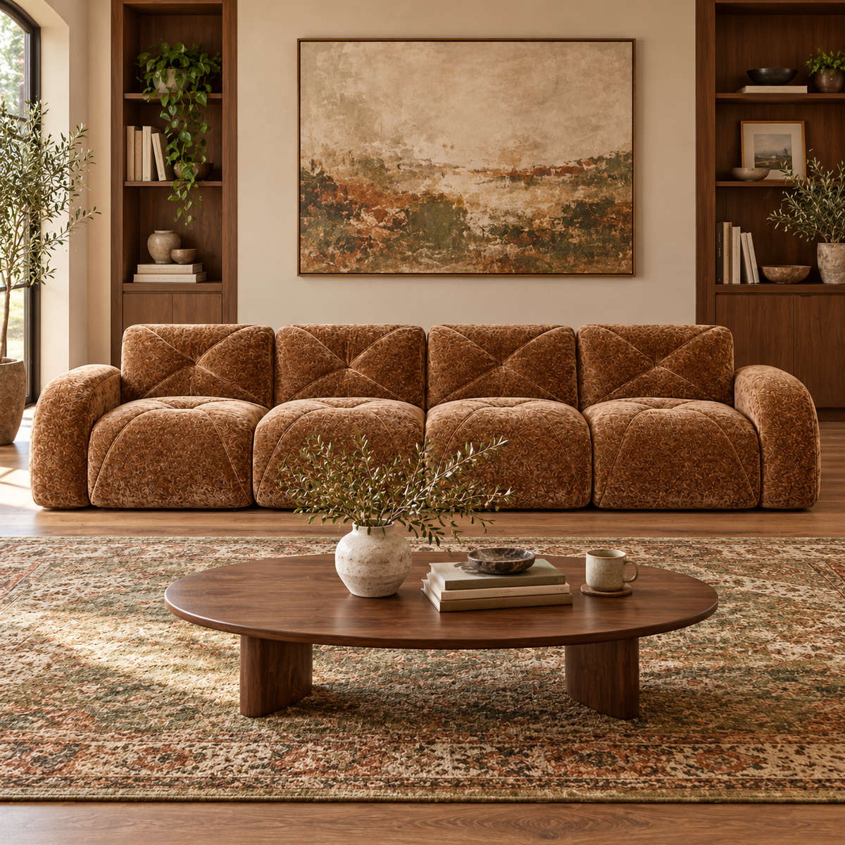Aven 141" Large Frameless Velvet Modular 4-Seater Sofa with Curved Armrests