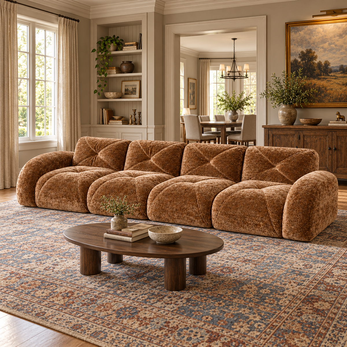 Aven 141" Large Frameless Velvet Modular 4-Seater Sofa with Curved Armrests