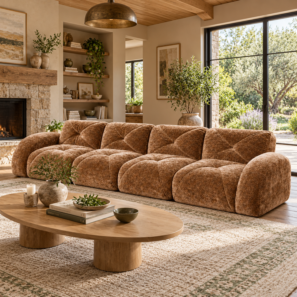Aven 141" Large Frameless Velvet Modular 4-Seater Sofa with Curved Armrests
