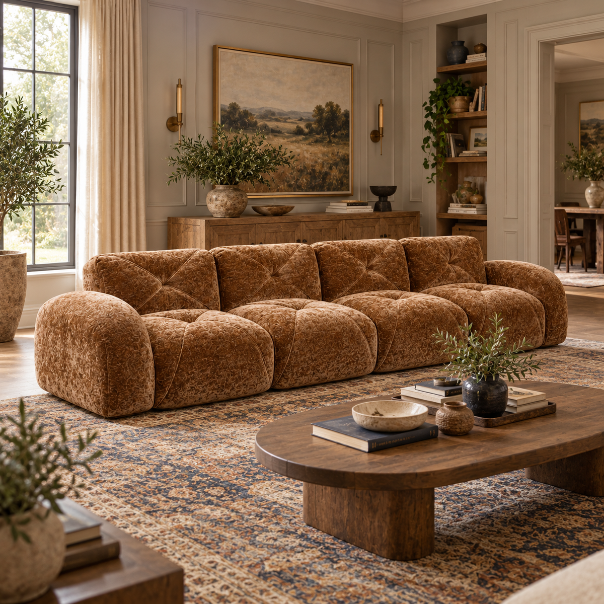 Aven 141" Large Frameless Velvet Modular 4-Seater Sofa with Curved Armrests
