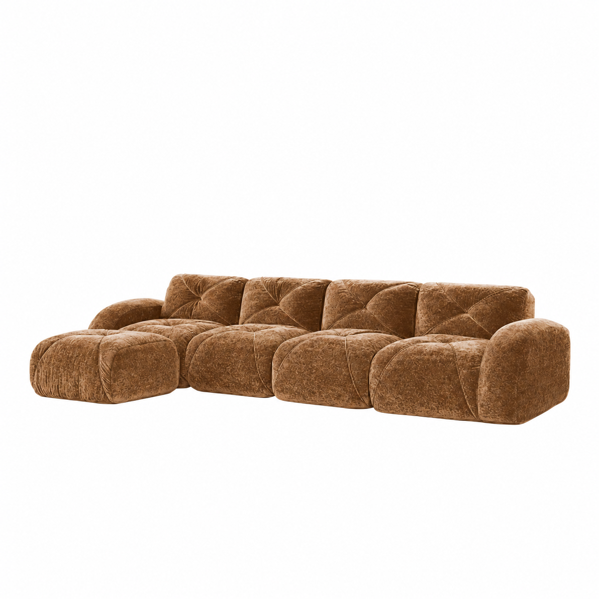 Aven 141" Large Frameless Velvet Modular L-Shaped Sectional Sofa with Ottoman and Curved Armrests