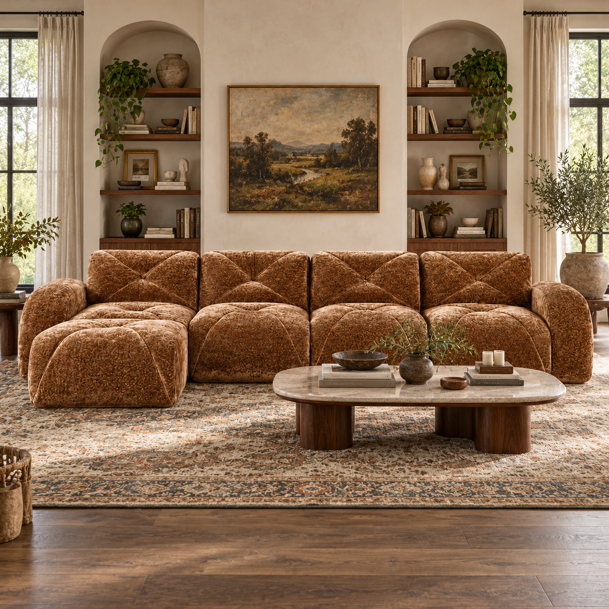 Aven 141" Large Frameless Velvet Modular L-Shaped Sectional Sofa with Ottoman and Curved Armrests