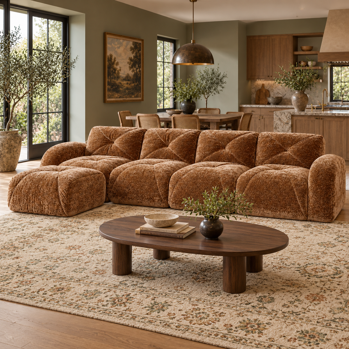 Aven 141" Large Frameless Velvet Modular L-Shaped Sectional Sofa with Ottoman and Curved Armrests