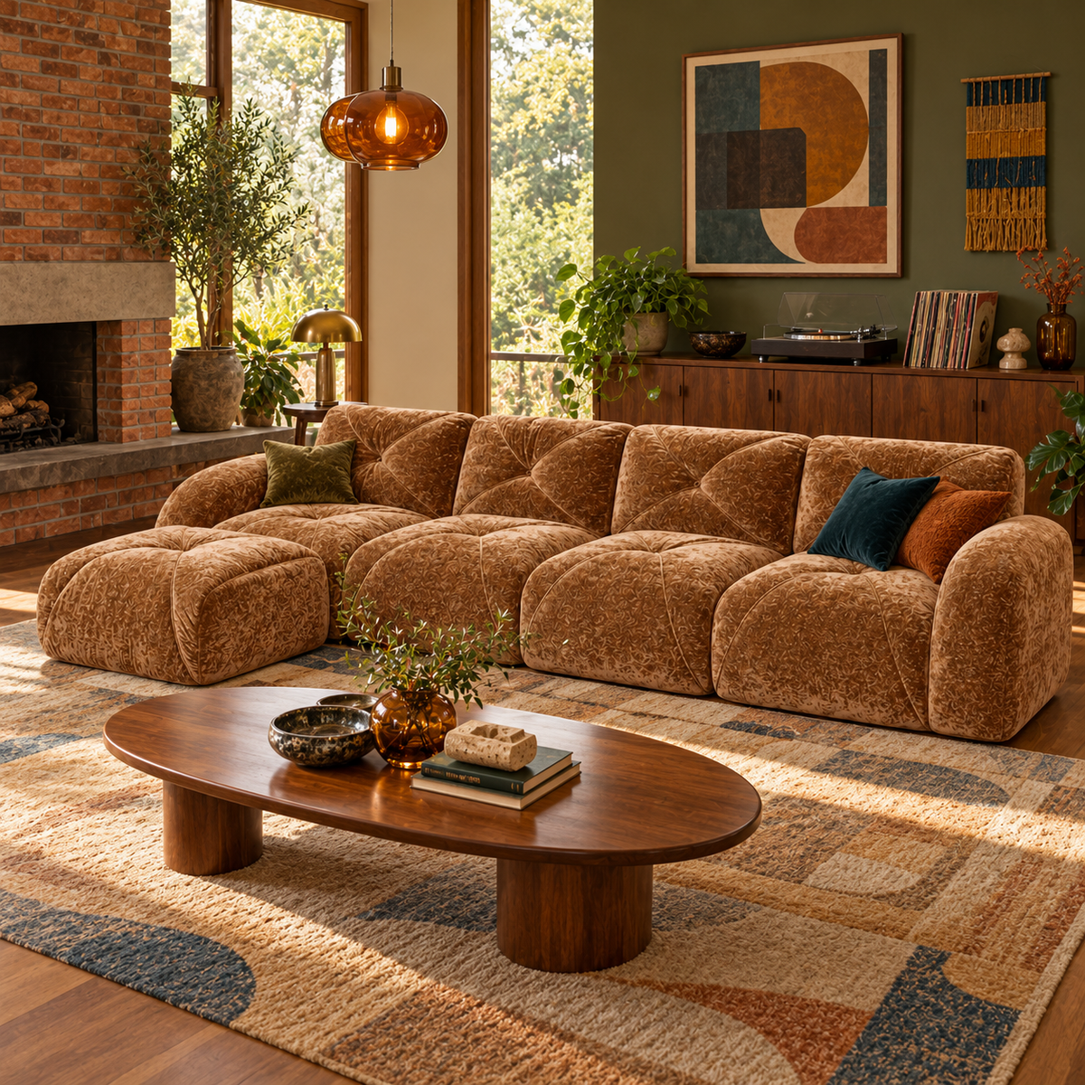 Aven 141" Large Frameless Velvet Modular L-Shaped Sectional Sofa with Ottoman and Curved Armrests