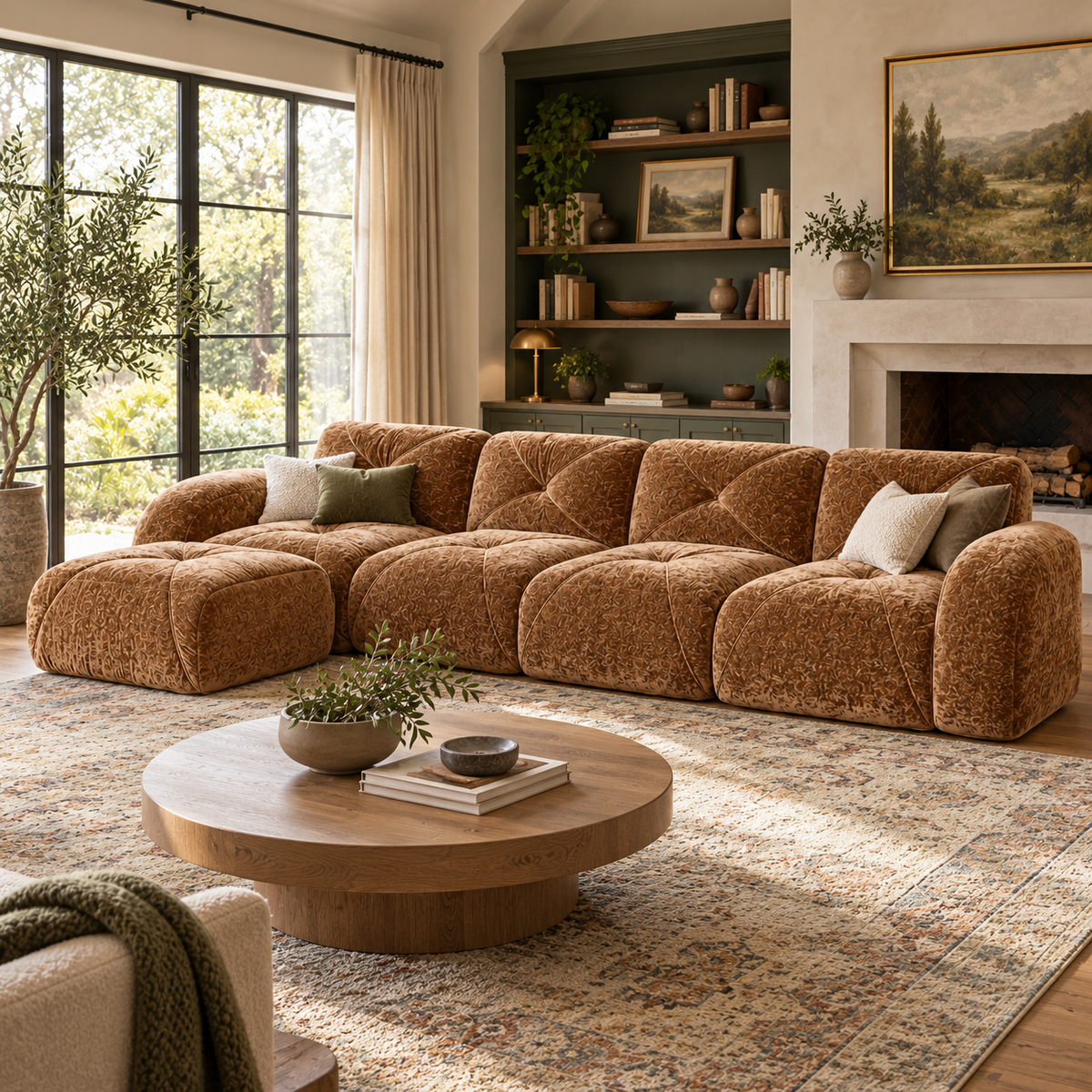 Aven 141" Large Frameless Velvet Modular L-Shaped Sectional Sofa with Ottoman and Curved Armrests