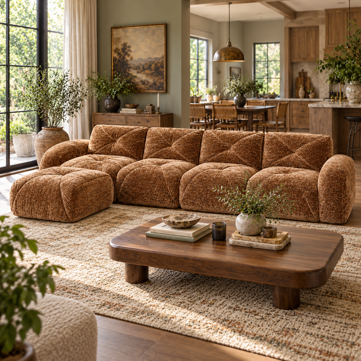 Aven 141" Large Frameless Velvet Modular L-Shaped Sectional Sofa with Ottoman and Curved Armrests