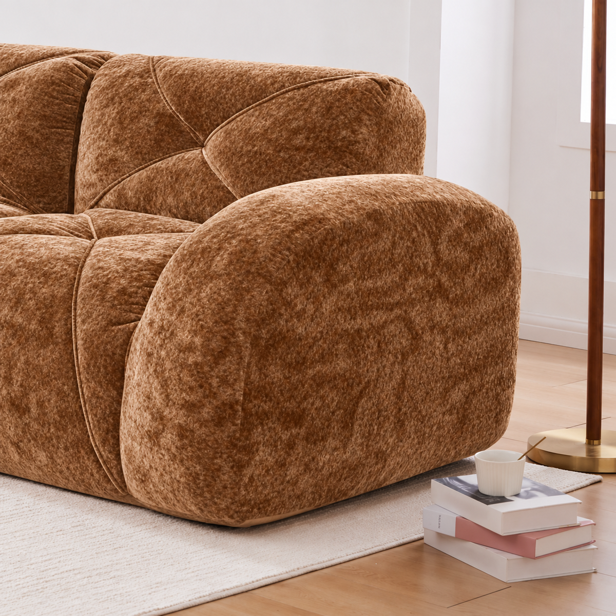 Aven 141" Large Frameless Velvet Modular L-Shaped Sectional Sofa with Ottoman and Curved Armrests