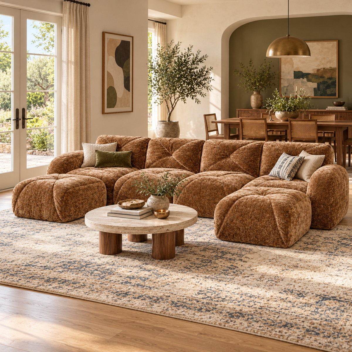 Aven 141" Frameless Velvet Modular U-Shaped Sectional Sofa with Ottomans and Curved Armrests