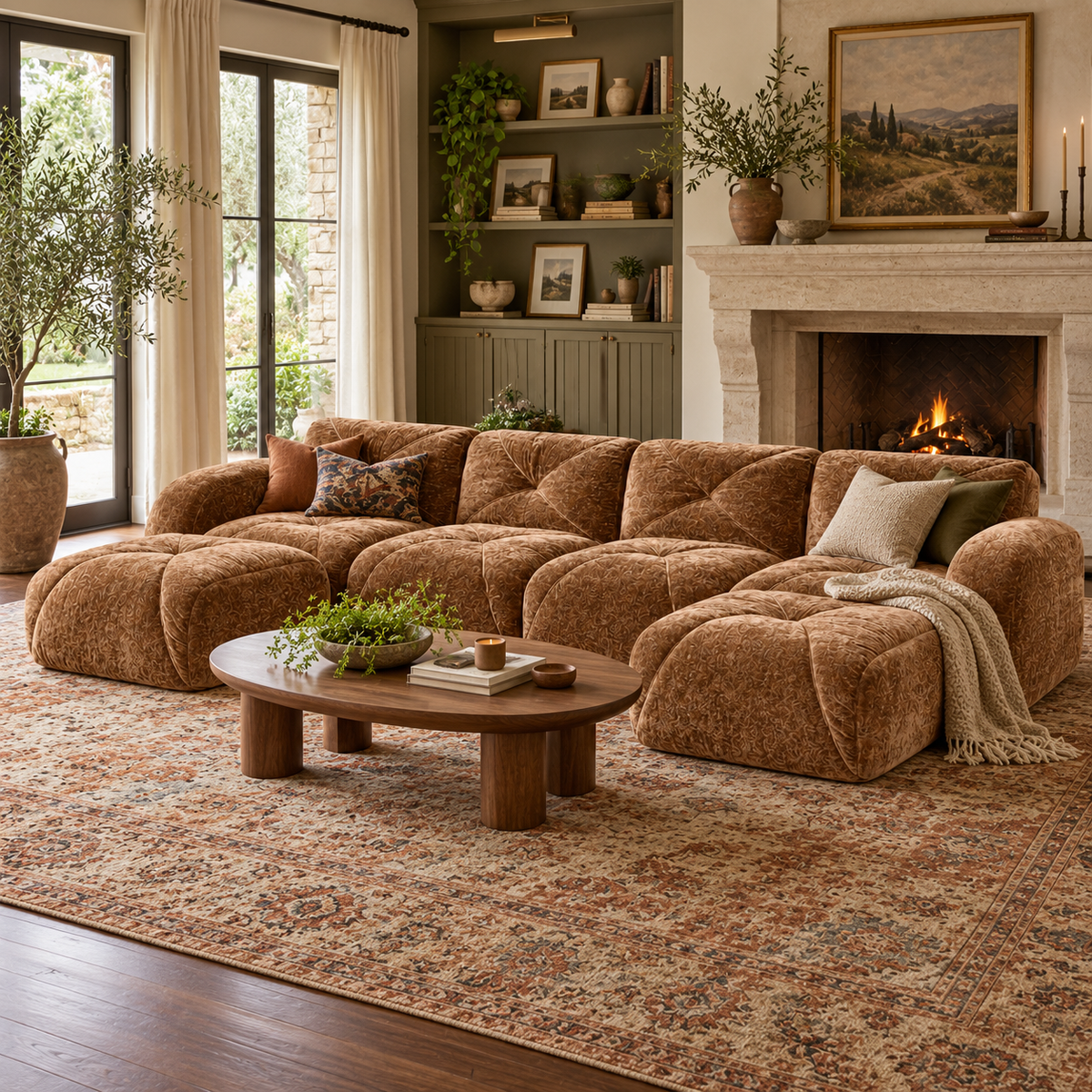 Aven 141" Frameless Velvet Modular U-Shaped Sectional Sofa with Ottomans and Curved Armrests