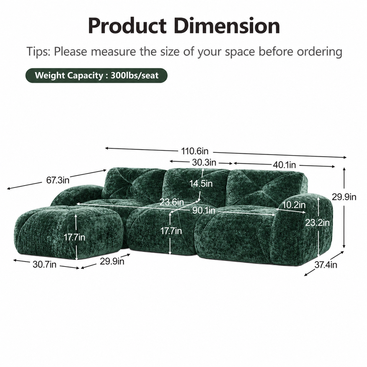 Aven 111" Frameless Velvet Modular L-Shaped Sectional Sofa with Movable Ottoman