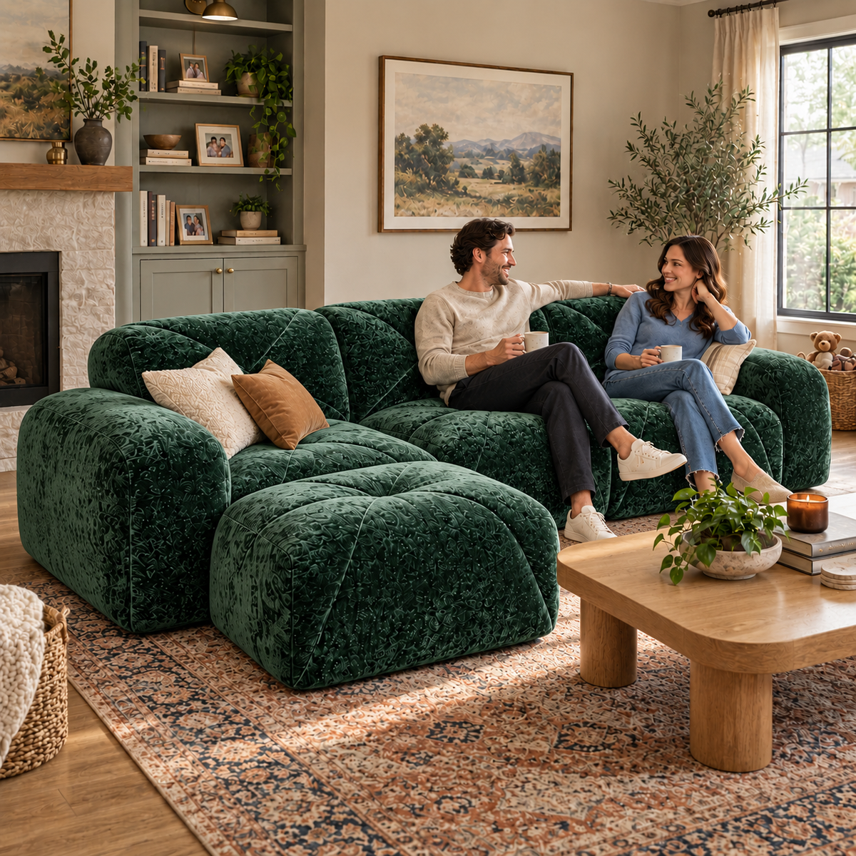 Aven 111" Frameless Velvet Modular L-Shaped Sectional Sofa with Movable Ottoman