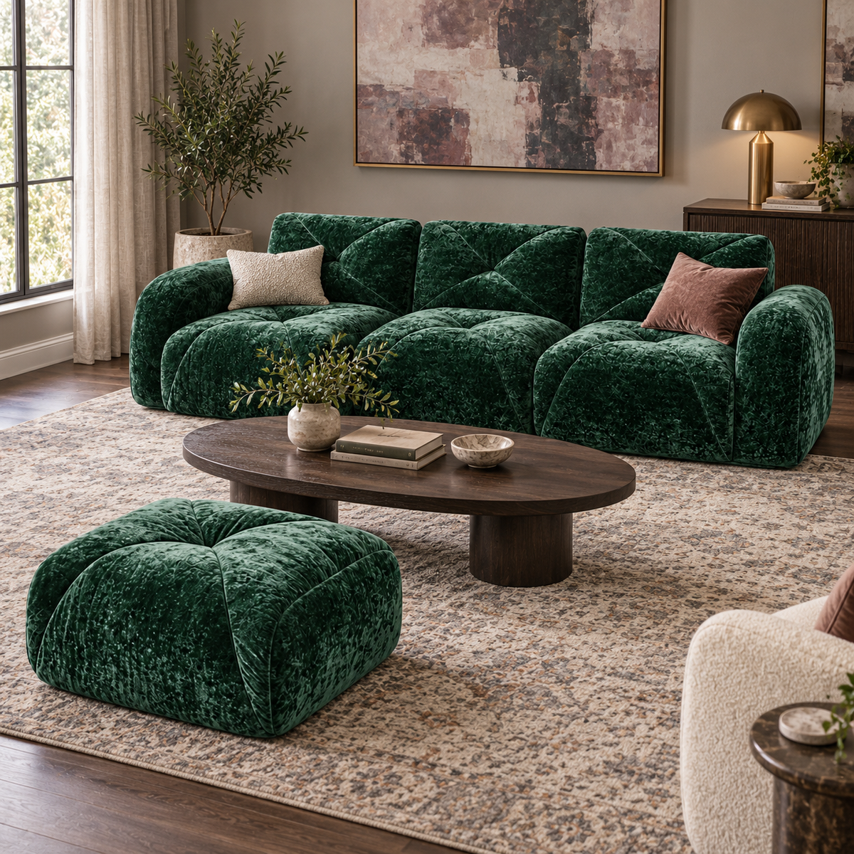 Aven 111" Frameless Velvet Modular L-Shaped Sectional Sofa with Movable Ottoman