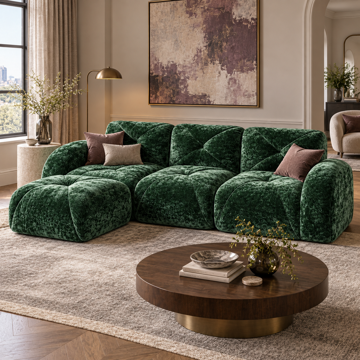 Aven 111" Frameless Velvet Modular L-Shaped Sectional Sofa with Movable Ottoman